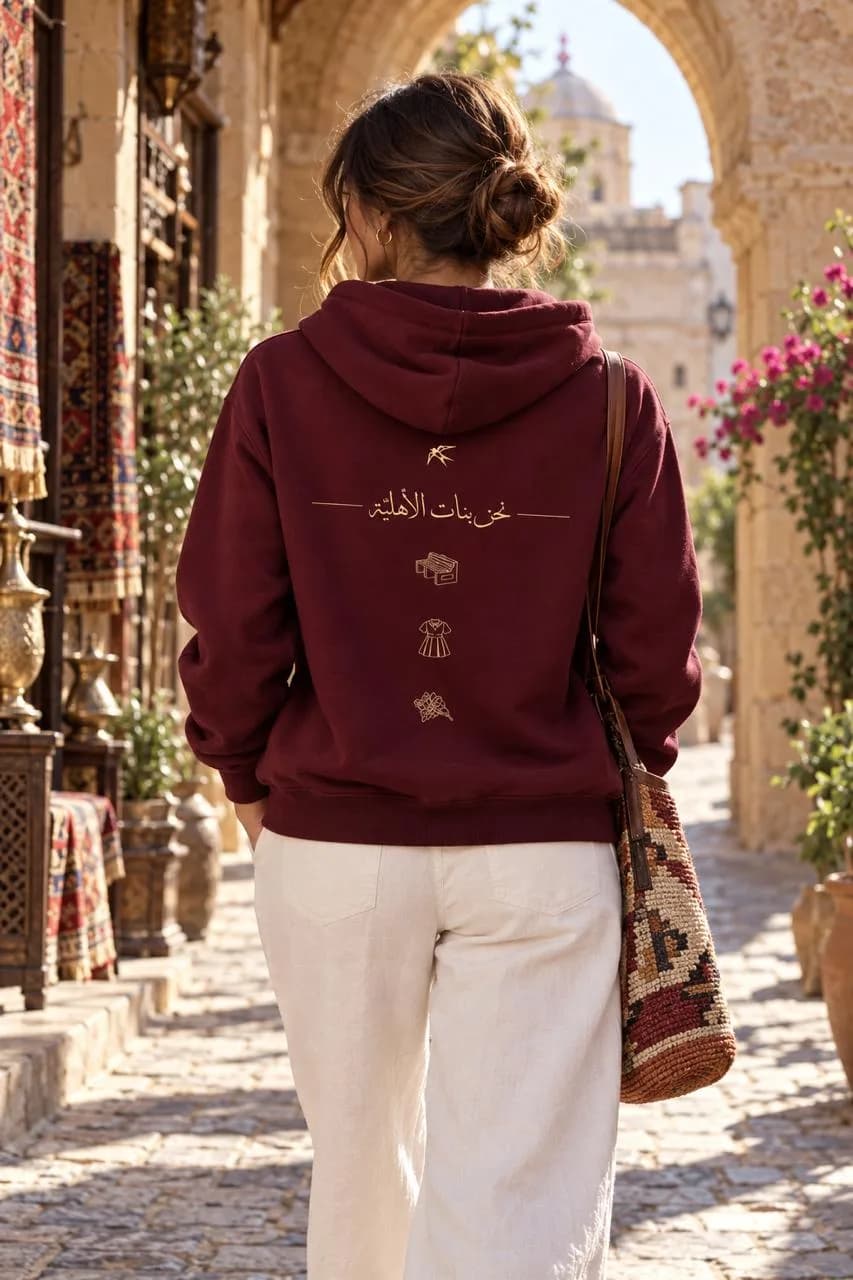 Model wearing the Maroon Centenary Hoodie, showing the back print