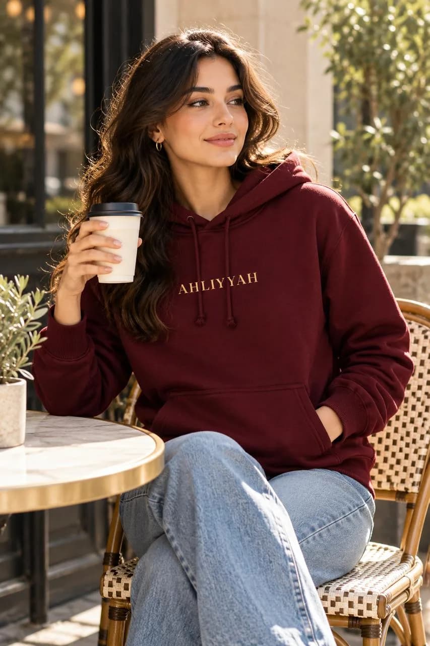 Model in the Maroon Centenary Hoodie holding a coffee at a café